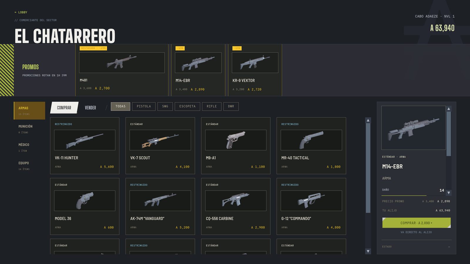 Mercado El Chatarrero: promociones con descuento arriba y catálogo de armas con precios y ficha del arma seleccionada.